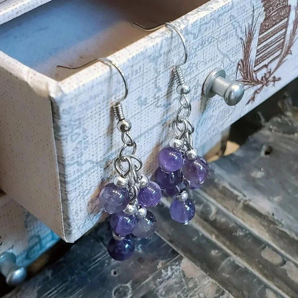 Handcrafted Amethyst Purple Gemstone Bead Dangle Silver Platinum Plated Earrings - Picture 4 of 10